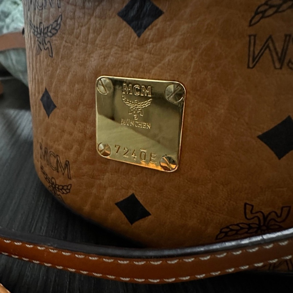 MCM Brown Leather cylinder Bag with Gold Accents